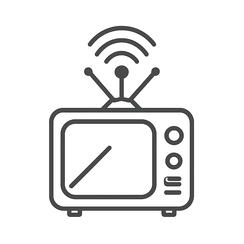 A black and grey image of an old-fashioned television with a Wi-Fi symbol above it.
