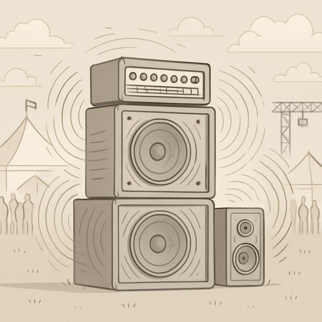 - Skizze von Lautsprechern auf einer Bühne, mittleren und Farbstufen