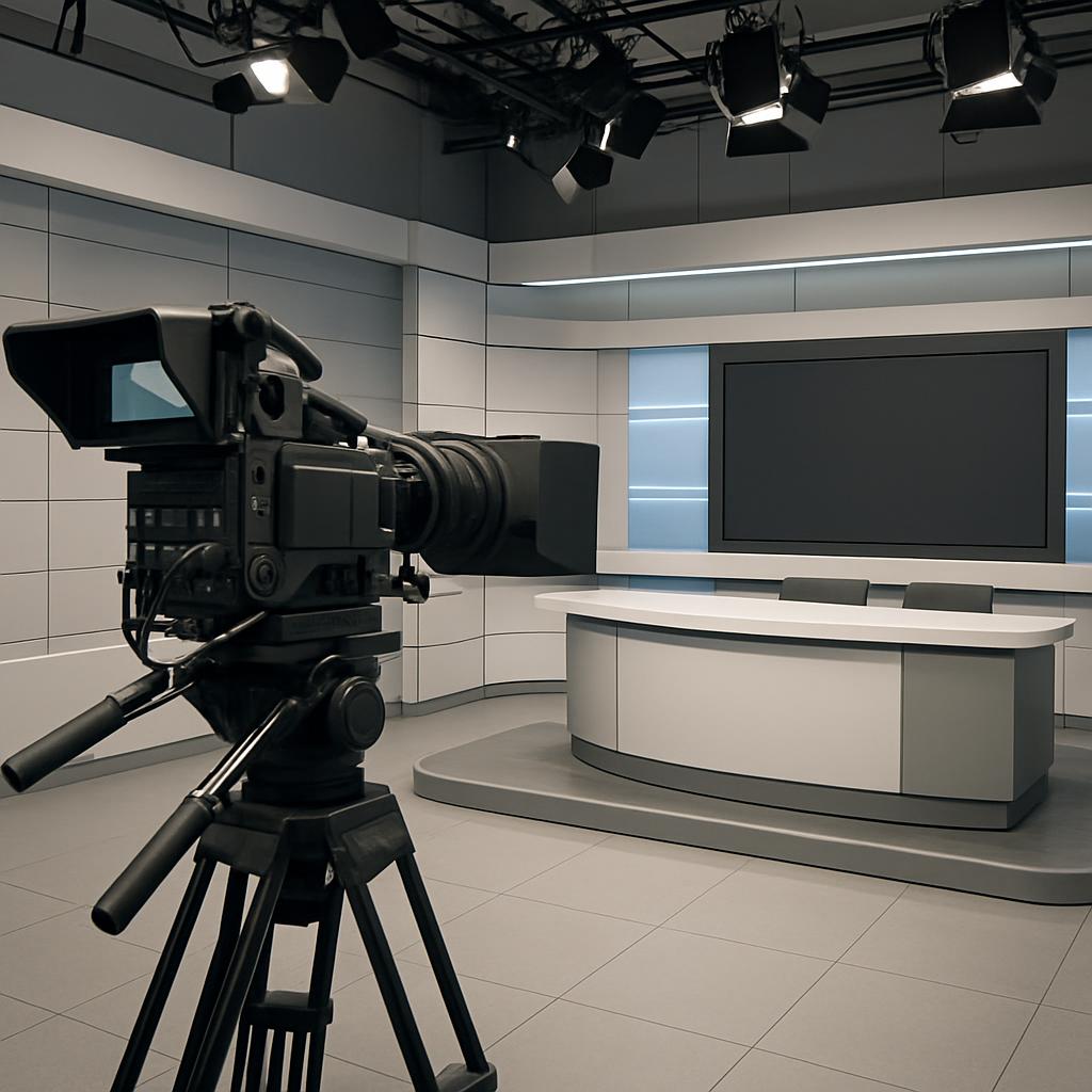 Camera in a television studio: black tripod camera facing a white news desk with chairs on a gray floor. A video camera po...
