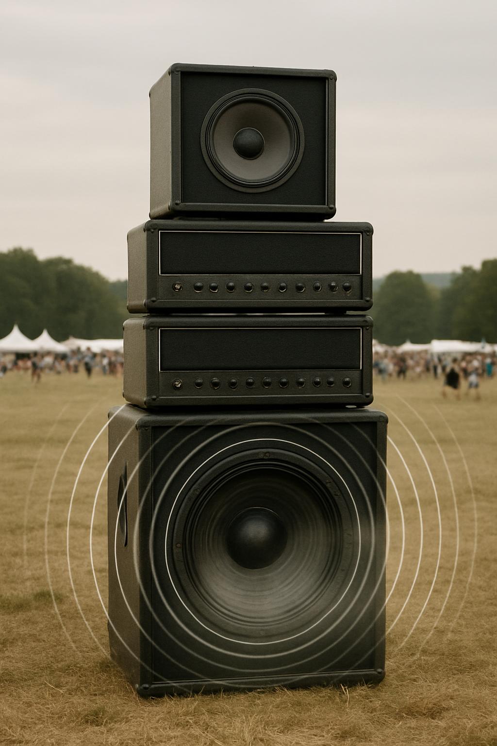 The picture shows a stack of four audio speakers. They are black, rectangular, and mounted on a brown field. One of the sp...