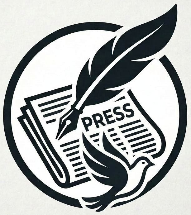 Icon of a quill pen over a folded newspaper with the word Pressefreiheit